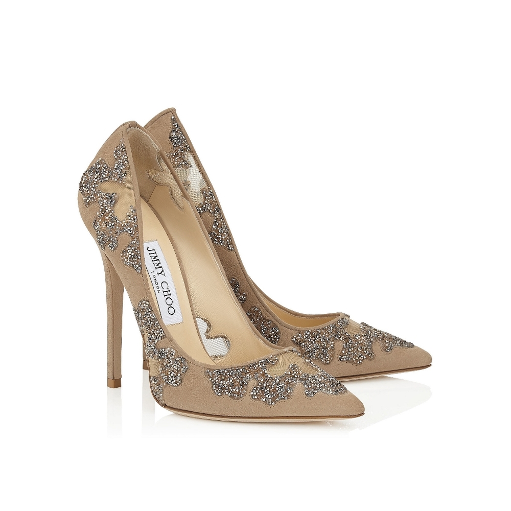 Jimmy Choo Karmel 120 Nude Suede Crystal Wedding Occasion Pointy Toe Mesh Pump